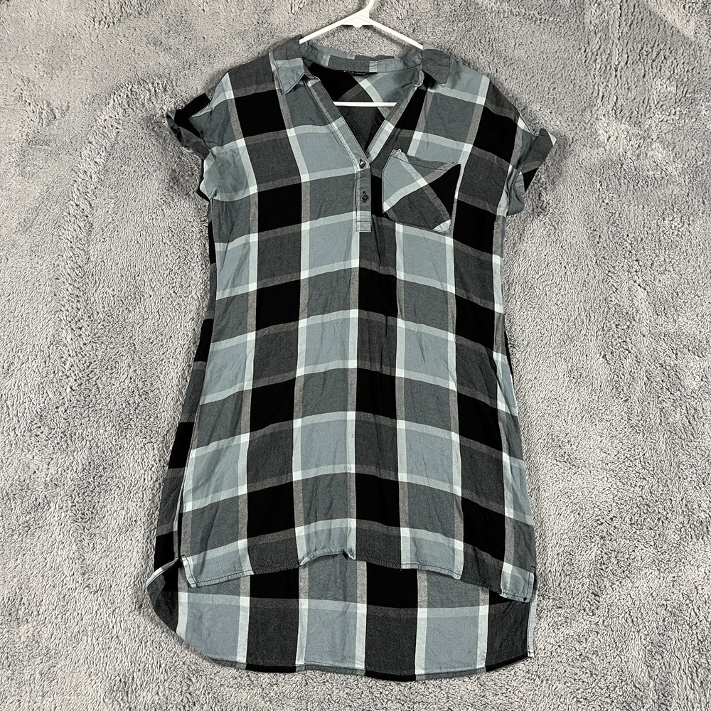 Rock & Republic Shirt Dress Womens S Gray Black Plaid Cap Sleeve Button Placket